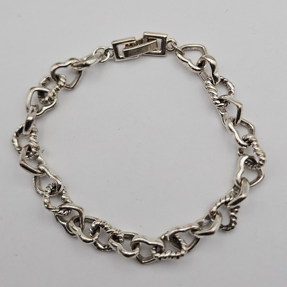 Silver Tone Alternating Smooth and Rope Heart Link Bracelet Fold Over Clasp 7in